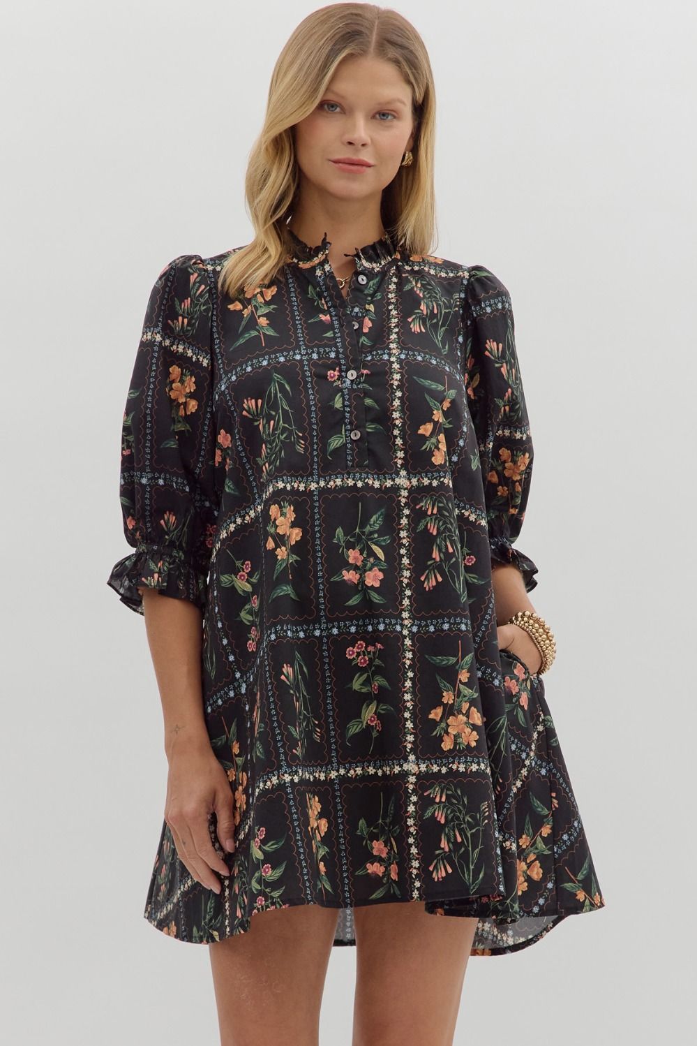 Floral panel ¾ ruffle finish puff sleeve Mini