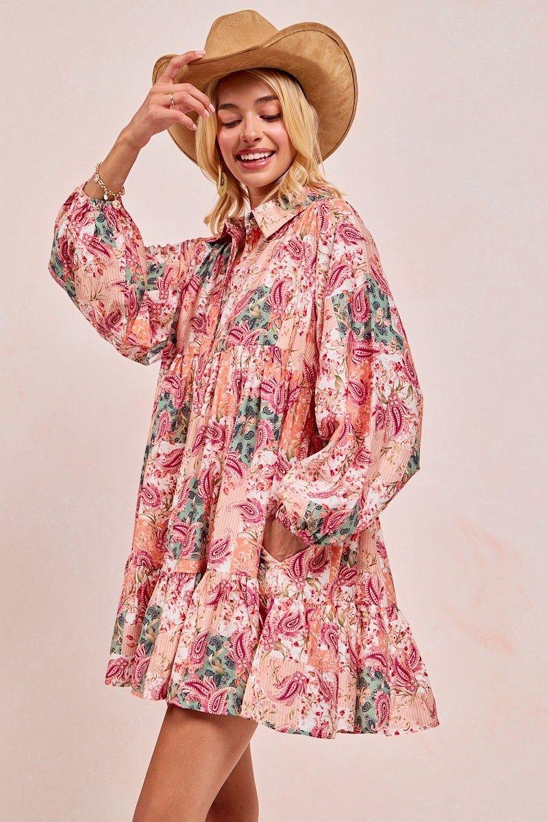 Floral Paisley Print Half Buttoned Shirt Dress