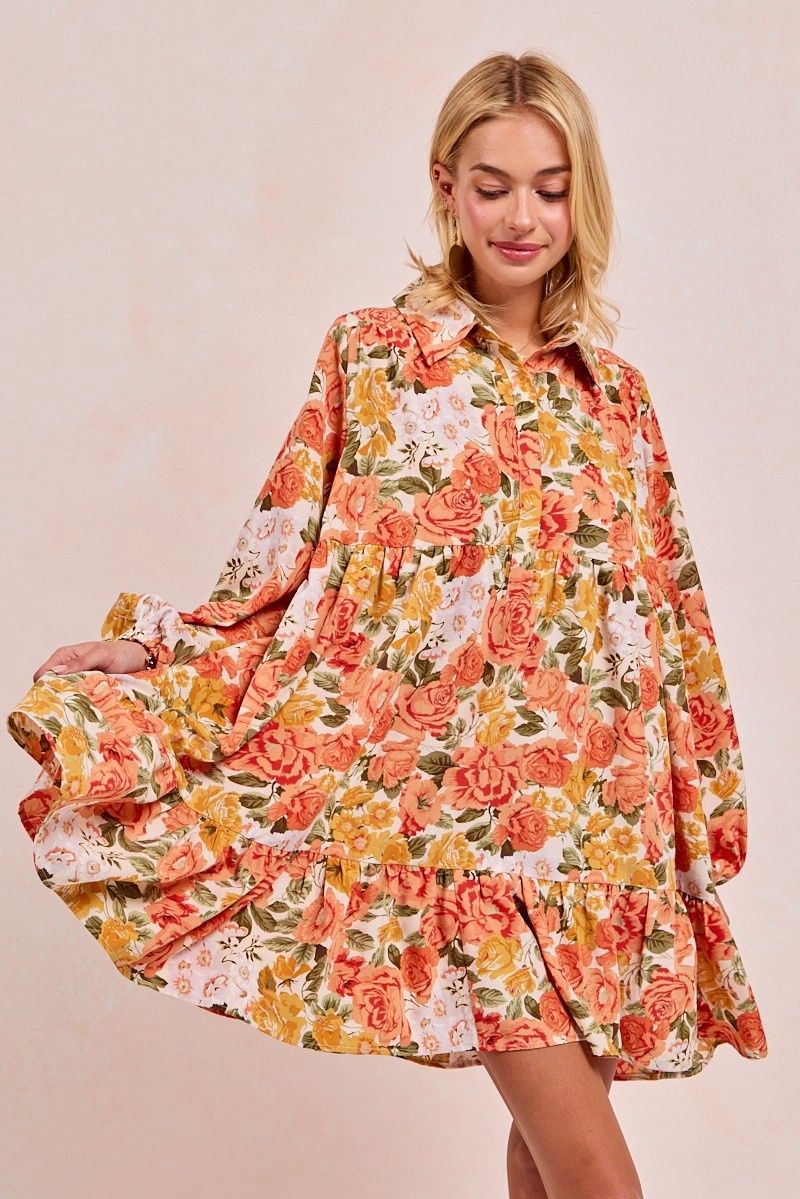 Floral Print Shirring Half Buttoned Shirt Dress