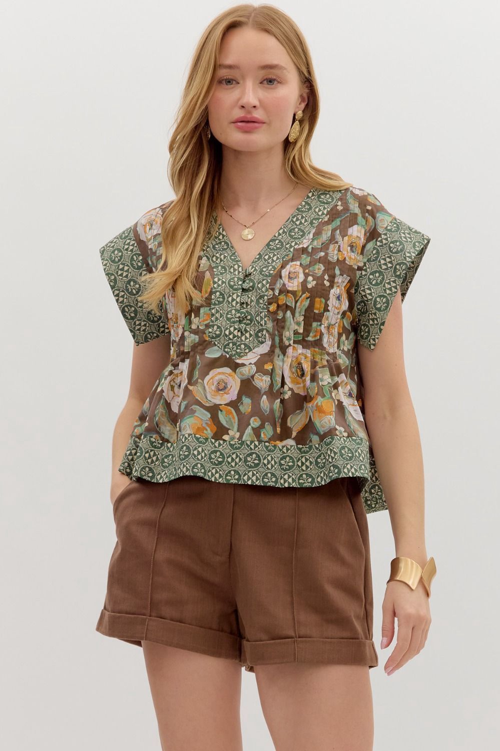 Mulit-print pintuck top