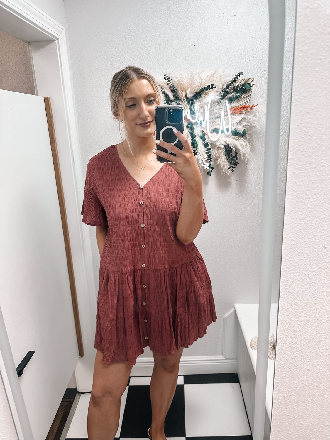 Textured Button-front Mini Dress