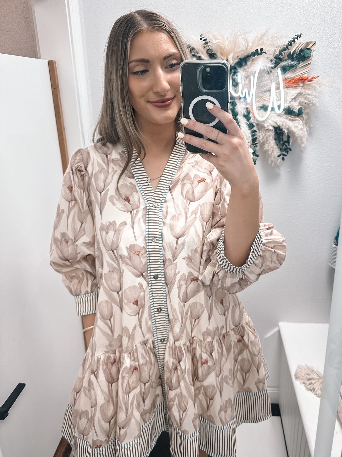 Floral print cuff band ¾ sleeve ruffle hem mini dress