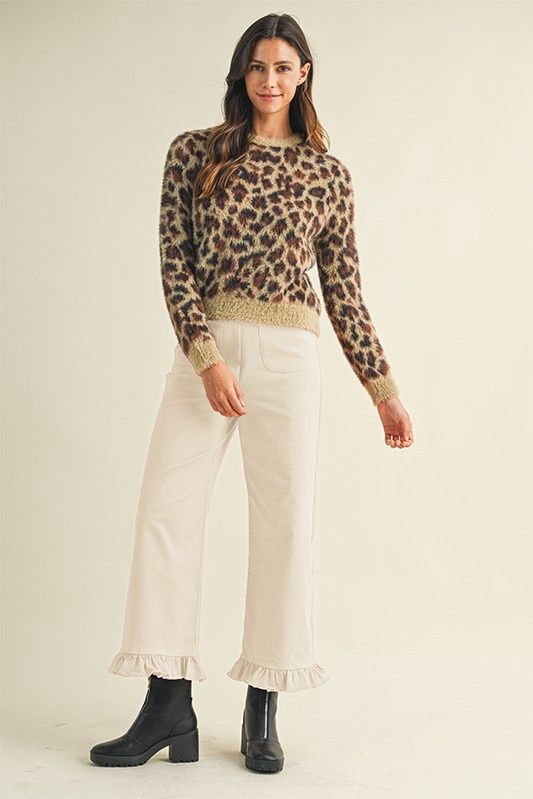 Stretch Front Pocket Ruffle Hem Twill Pants