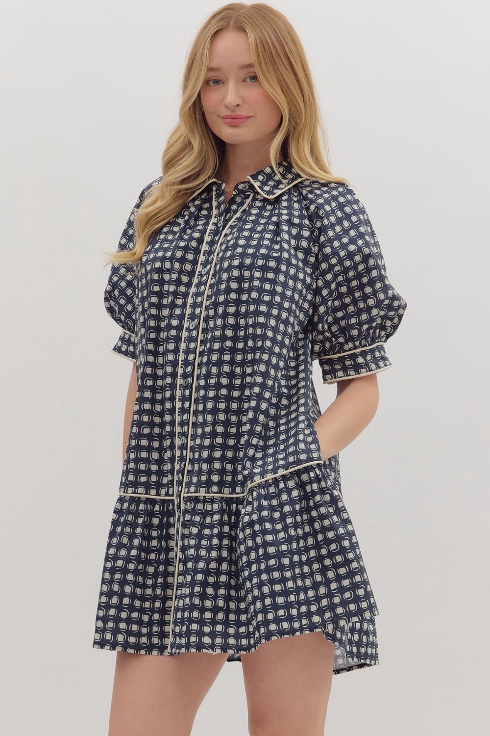Geometric print short puff sleeve mini dress