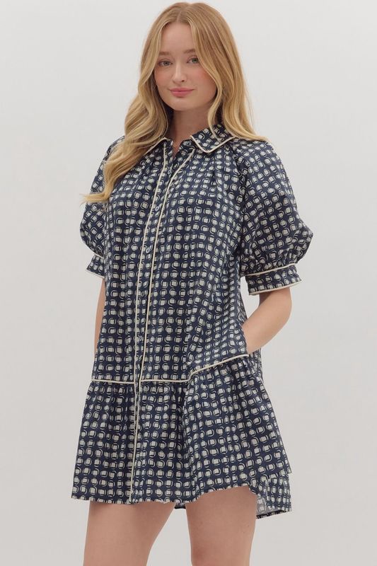 Geometric print short puff sleeve mini dress