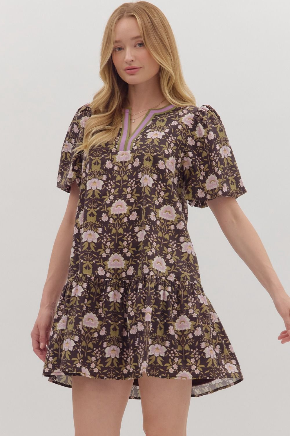 Botanical print short puff sleeve mini