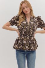 Floral print short puff sleeve peplum top