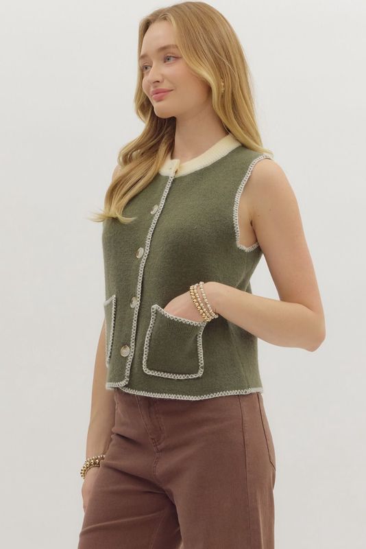 Solid button front sweater knit vest