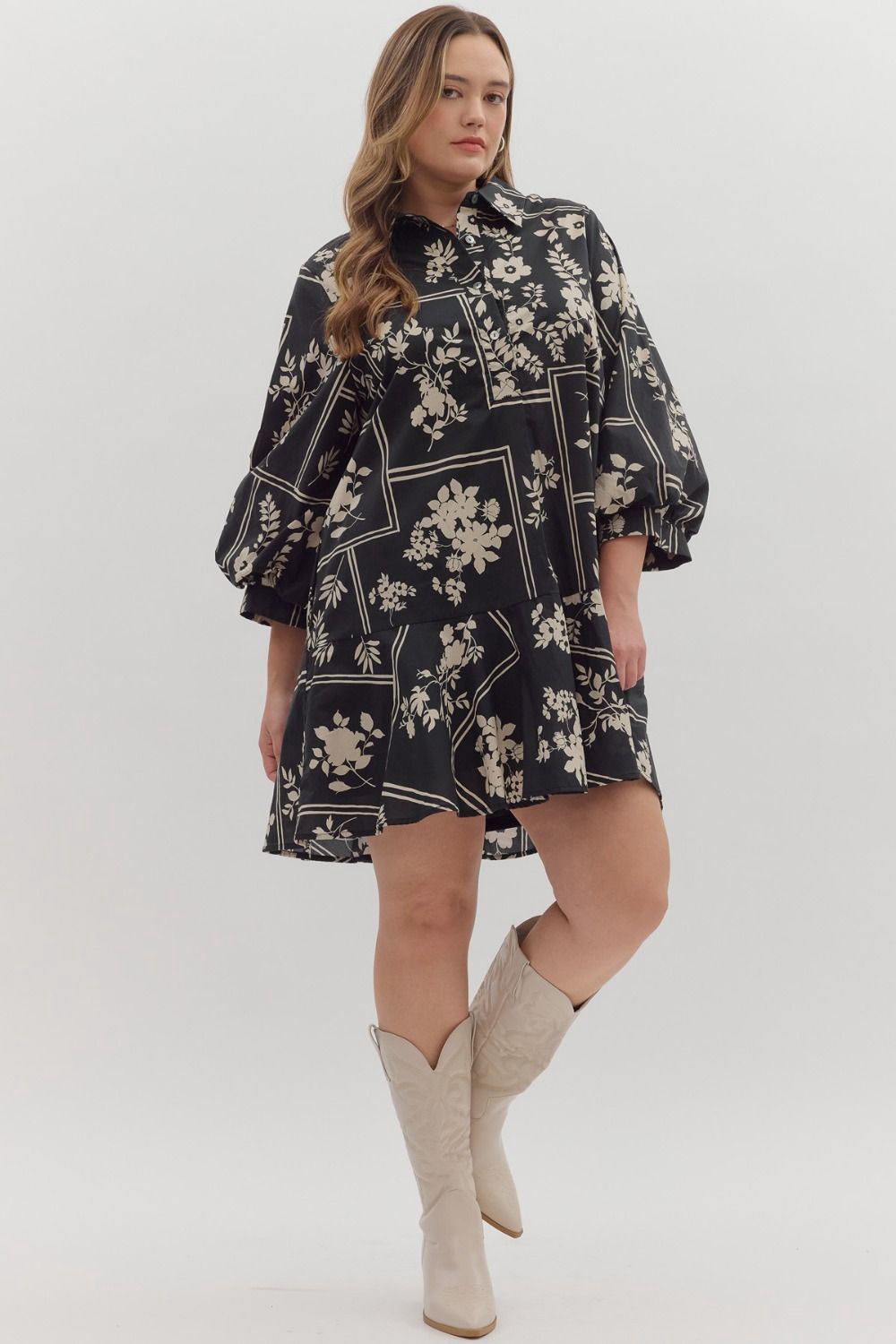 Botanical print ¾ sleeve mini