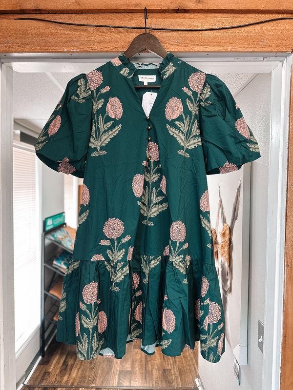 Floral short bubble sleeve ruffle hem mini