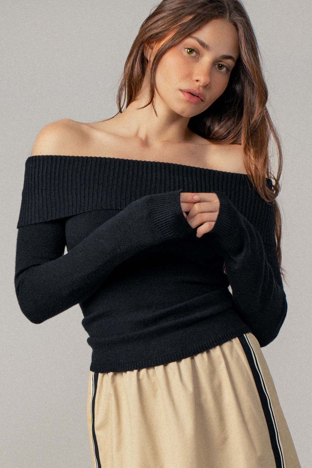 The Fold Over Off Shoulder Ribbed Sweater