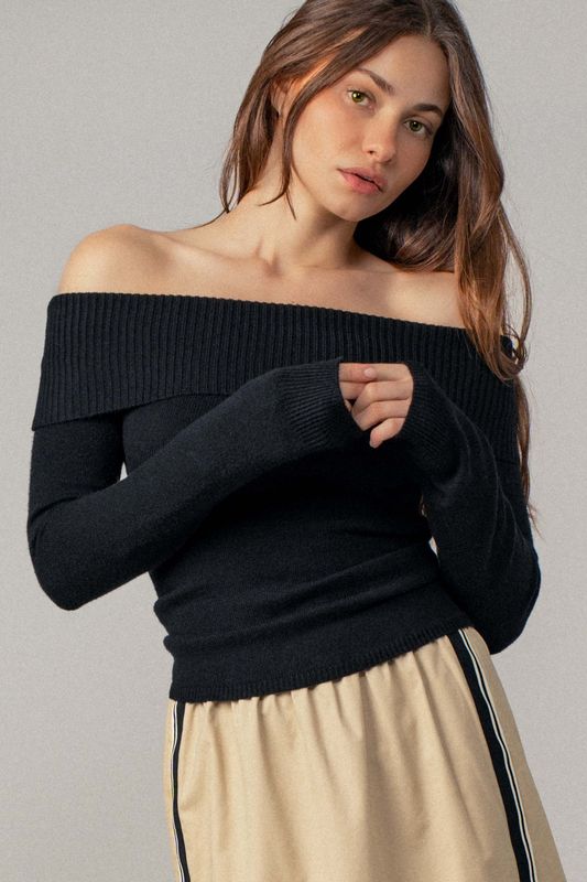 The Fold Over Off Shoulder Ribbed Sweater