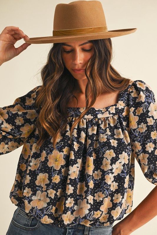 Flower Print Balloon Hem Square Neck Blouse