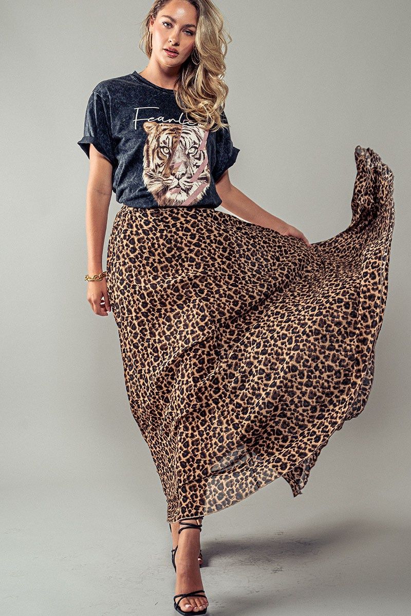 Flowy Leopard Print Pleated Maxi Skirt