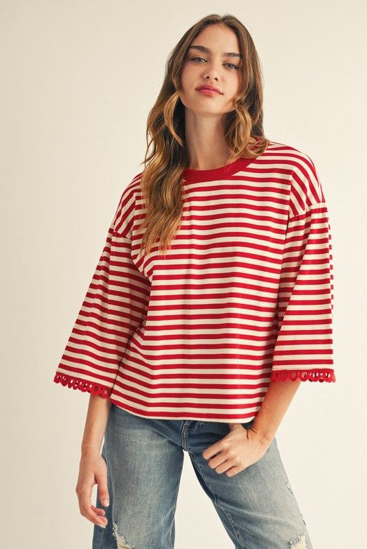 Lace Trim Accent Stripe Top