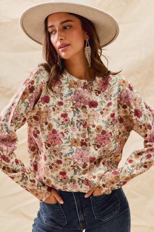 Floral Print Button Front Cardigan