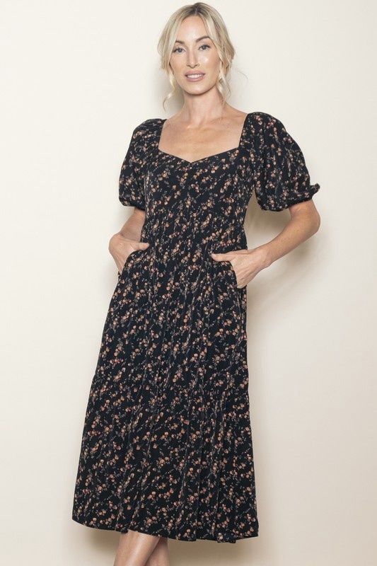 Sweetheart Floral Bubble Sleeve Dress