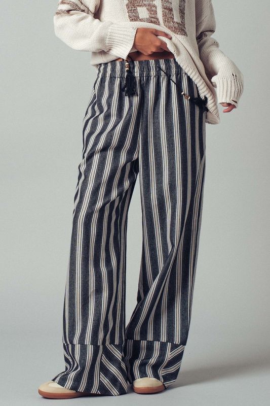 Wide-leg Striped Pants W/ Drawstring Tassel