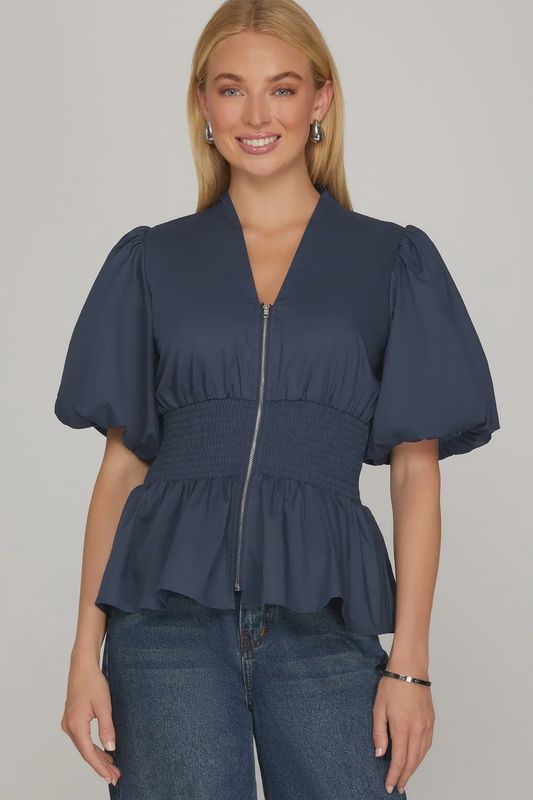 PUFF SLEEVE SMOCKING FRONT ZIPPER WOVEN TOP