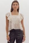 Sequin ruffle sleeve square neck crop