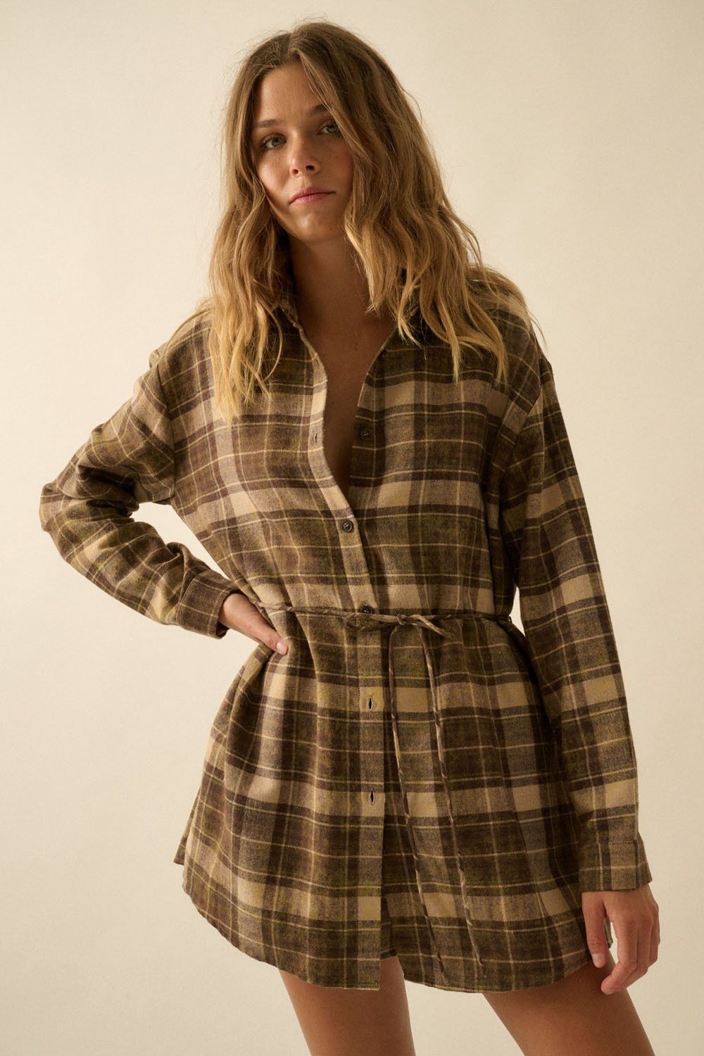 Plaid Flannel Button-up Belted Shirt Romper