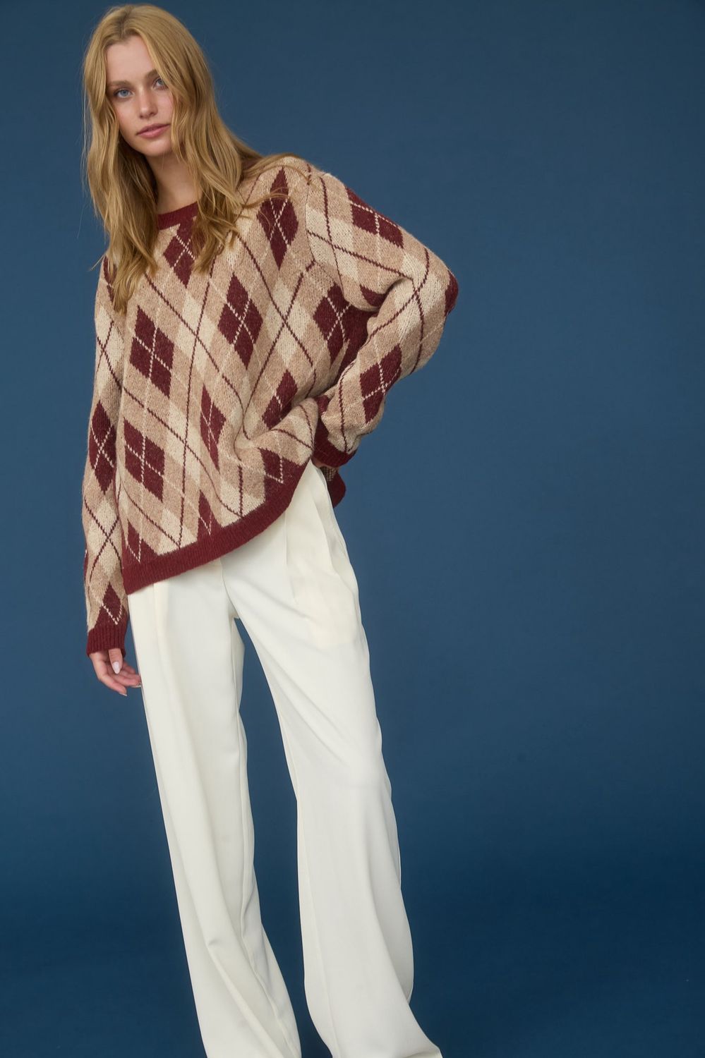 Argyle Pattern Crew Neck Long Sleeve Knit Sweater