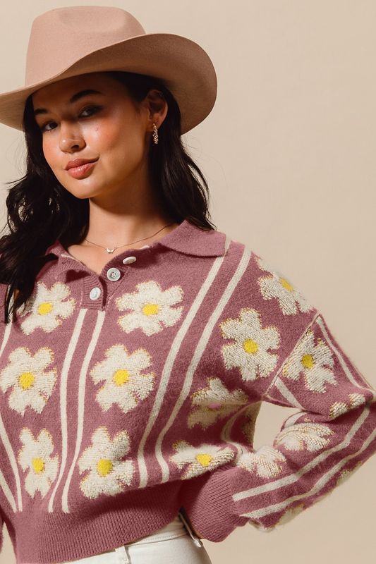 Floral Stripe Polo Collar Sweater Top