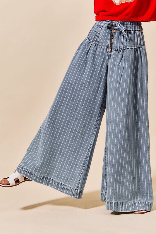 Stripe Denim Wide Leg Jeans With Button Closure