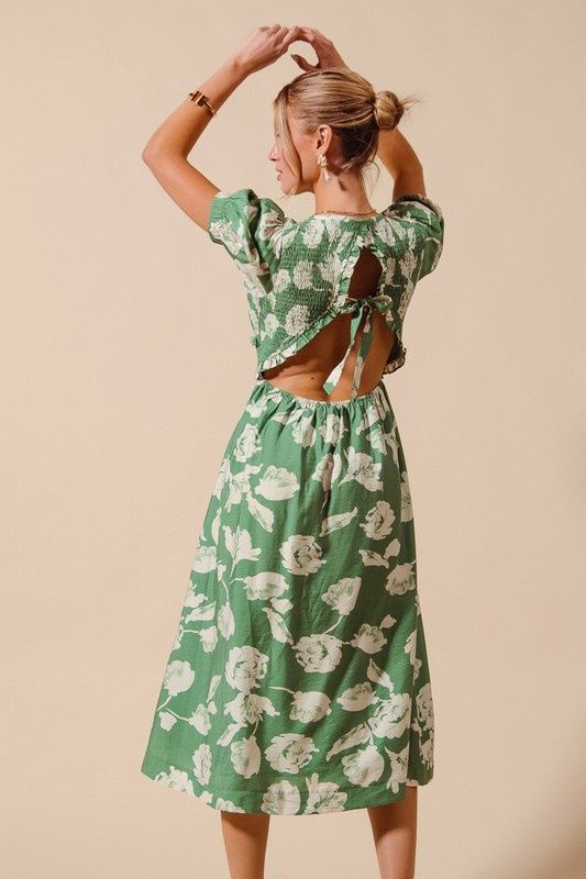 Floral Print Smocked Deep V Neck Open Back Maxi