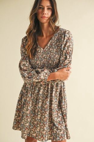 VINTAGE FLOWER PRINT SMOCKING  MINI DRESS
