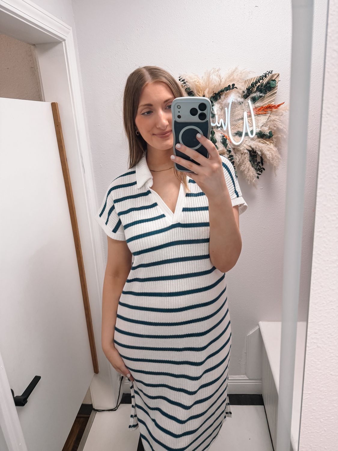 Oversized Collared Striped Knit Midi