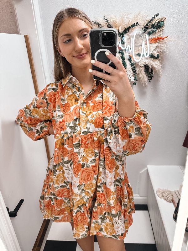 Floral Print Shirring Half Buttoned Shirt Dress