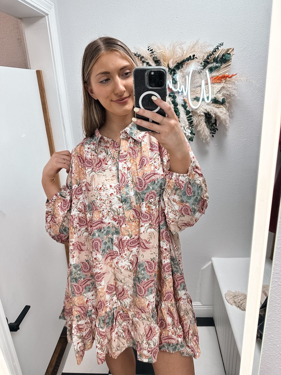 Floral Paisley Print Half Buttoned Shirt Dress
