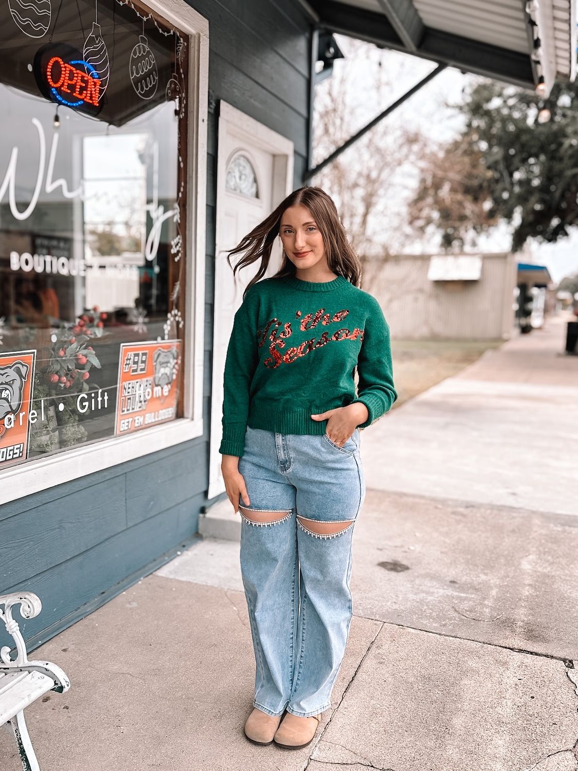 Washed Denim Cut Front Rhinestone Jeans
