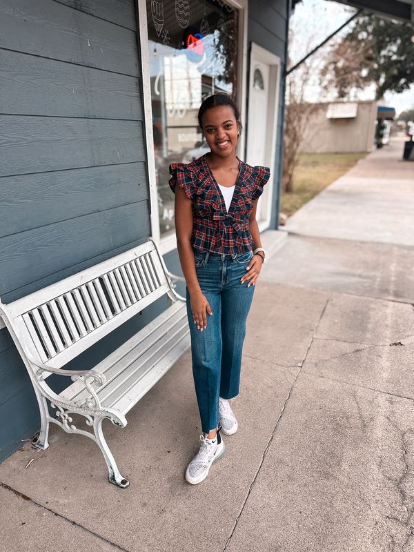 PLAID RUFFLE BOW BABYDOLL TOP