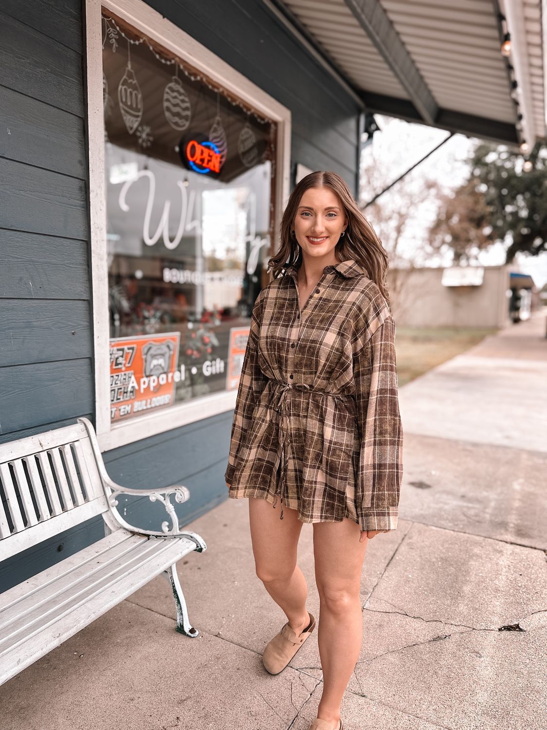 Plaid Flannel Button-up Belted Shirt Romper
