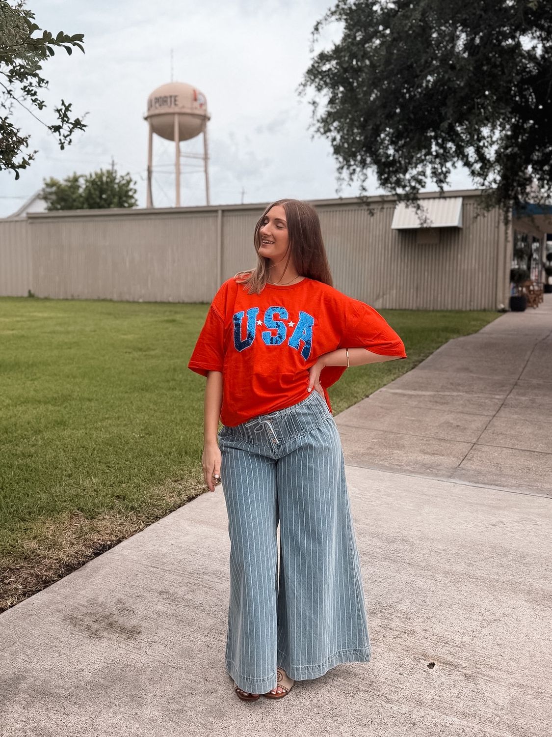 Stripe Denim Wide Leg Jeans With Button Closure