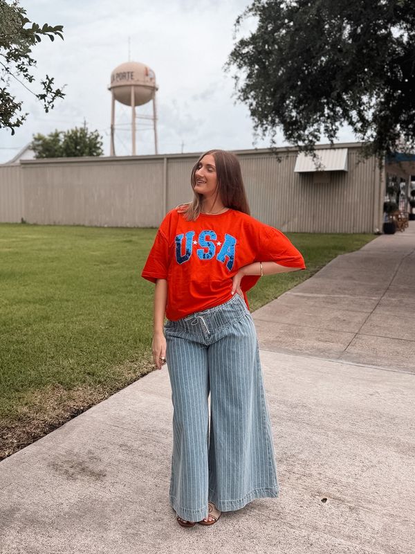 Stripe Denim Wide Leg Jeans With Button Closure