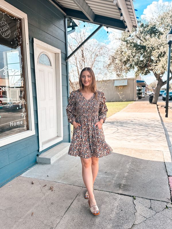 Vintage Flower Print Smocking Mini Dress