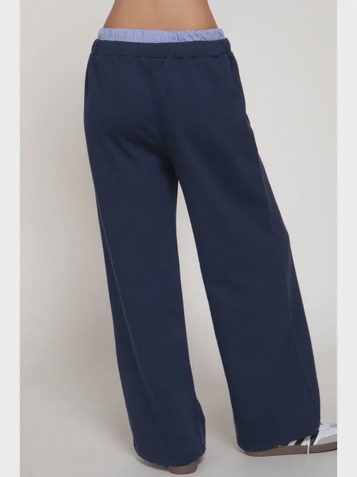 Elastic Waist Long Pants with Contrasting Check Panel