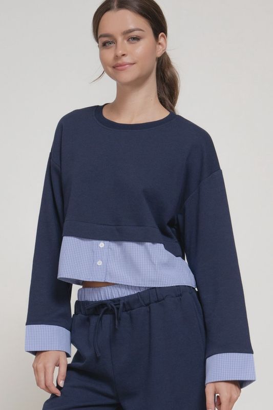 Long Sleeve Sweatshirt with Contrasting Check Panel