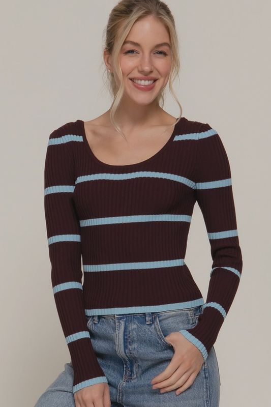 Long Sleeve Double Scoop Neck Stripe Sweater Top