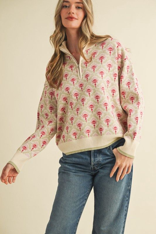 Floral Mock Neck Half Zip Pullover Sweater