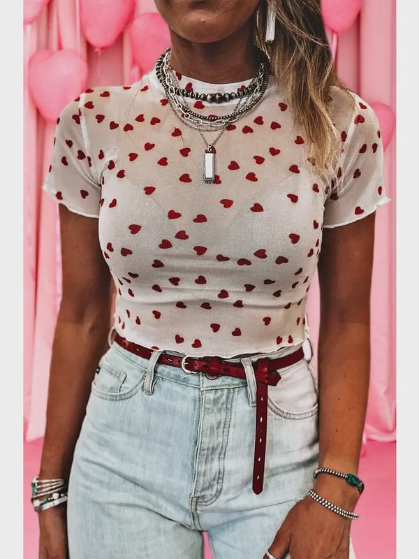 Allover Heart Mock Neck Mesh