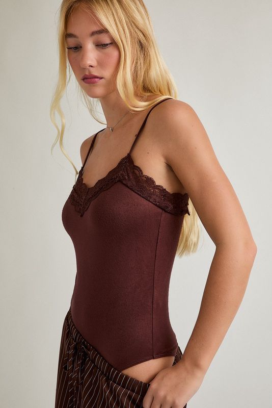 Double Lined Bodysuit With Lace Trim