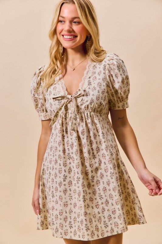 Floral Print Lace Trim Mini Dress