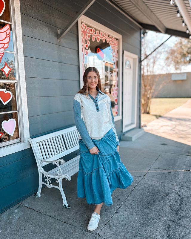 Shirred Denim Block Flowy Maxi Skirt