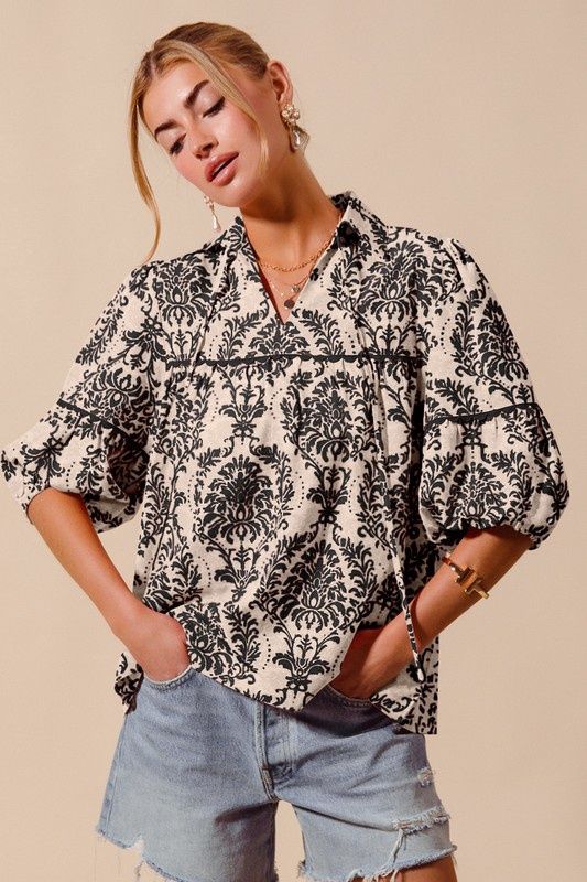 Woven Novelty Printed Top With Wave Trim Detail