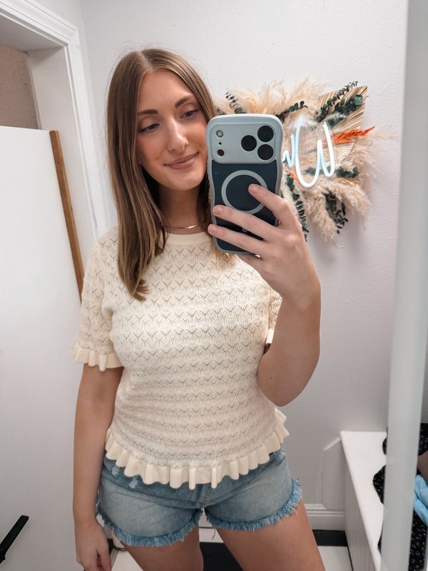 Pointelle Knit Ruffled Detail Sweater Top