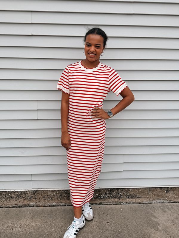 Scallop Trim Striped Short Sleeve Maxi Dress